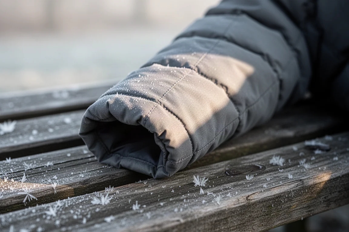 Närbild på en quiltad jackärm som vilar på frosttäckta träplankor