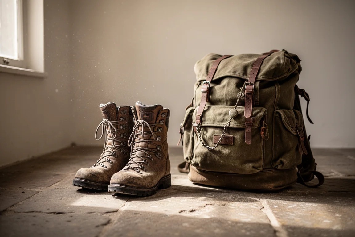 Buty trekkingowe i spakowany plecak leżące na kamiennej podłodze wewnątrz