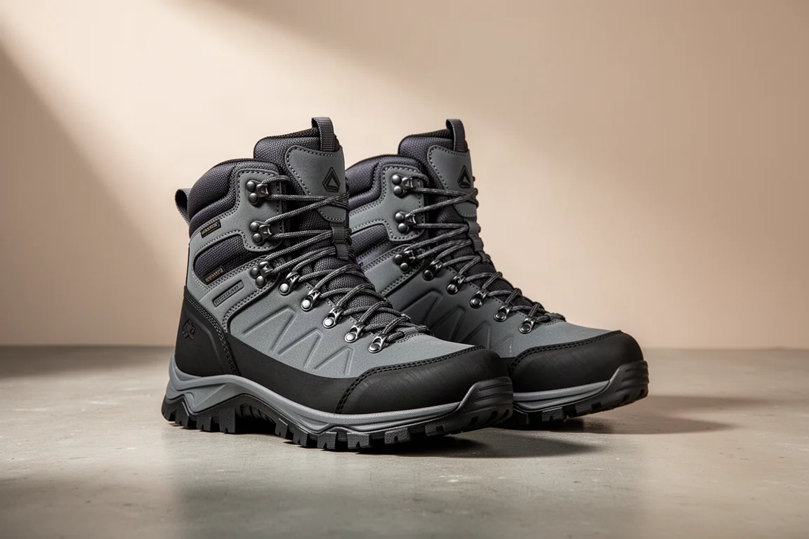 Pair of full-height hiking boots with lugged soles on a concrete surface