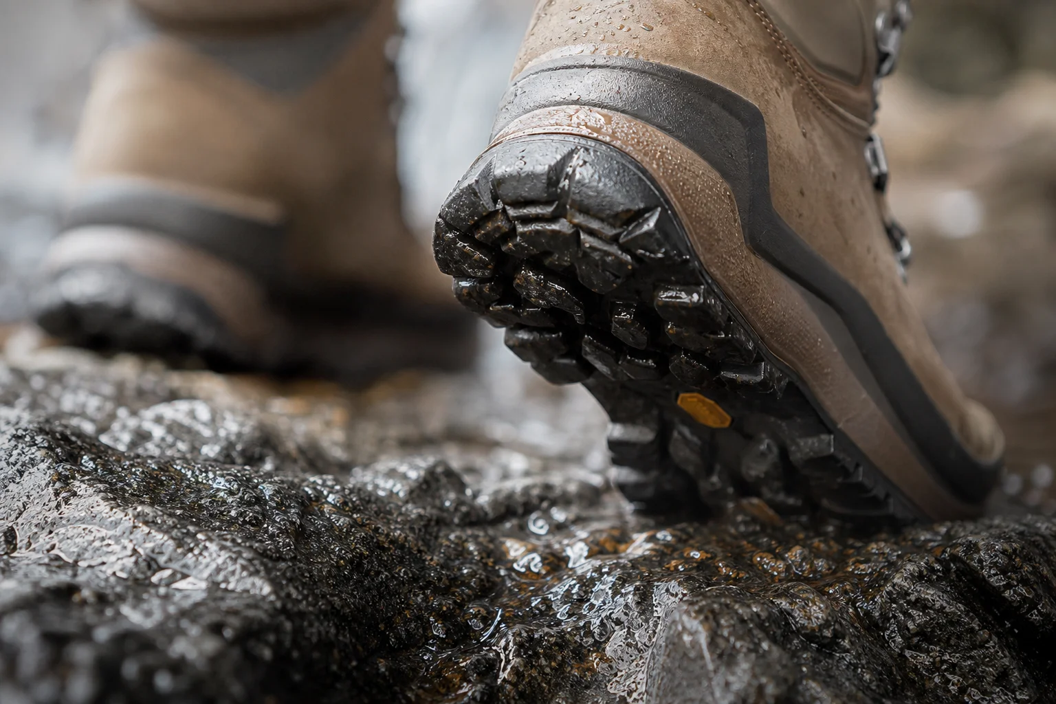 Close-up of hiking boot sole gripping wet, rocky terrain