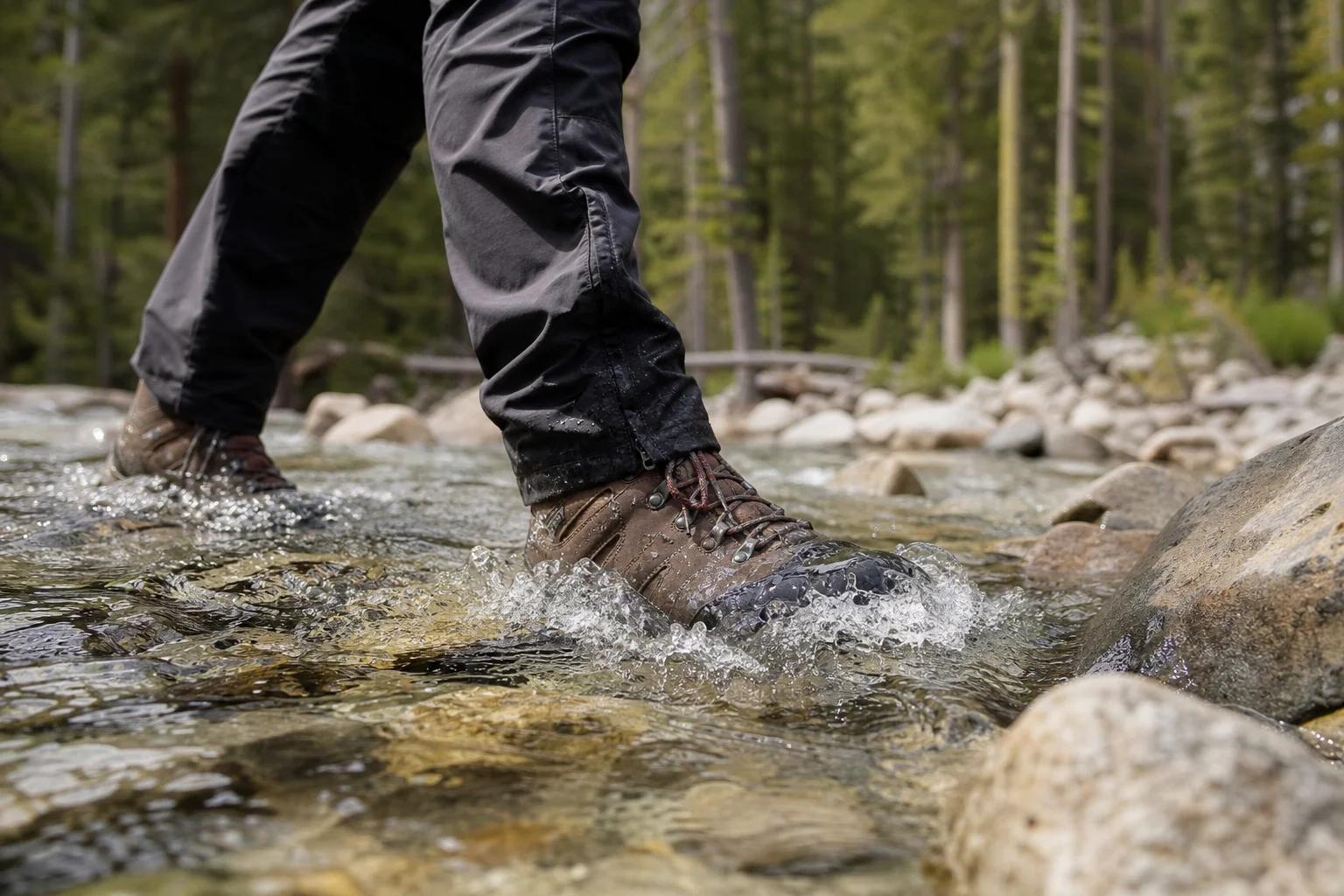 Hiker crossing a stream with water splashing around boots
