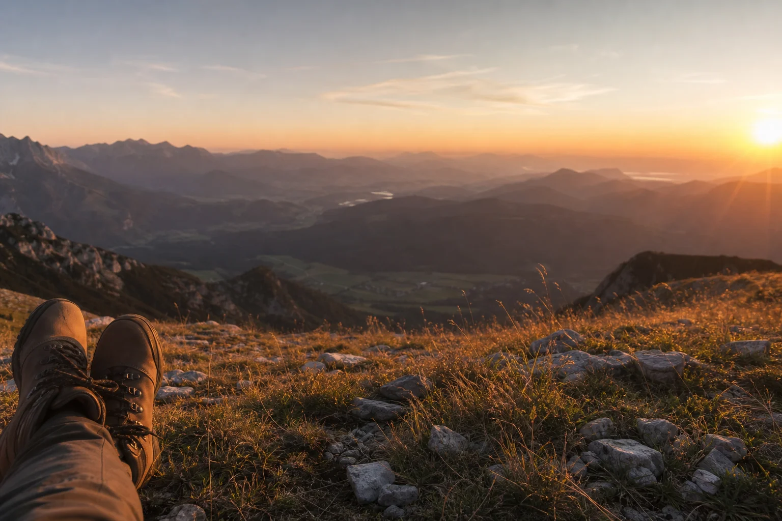 Hiker resting on a mountain ridge at sunset with distant landscape