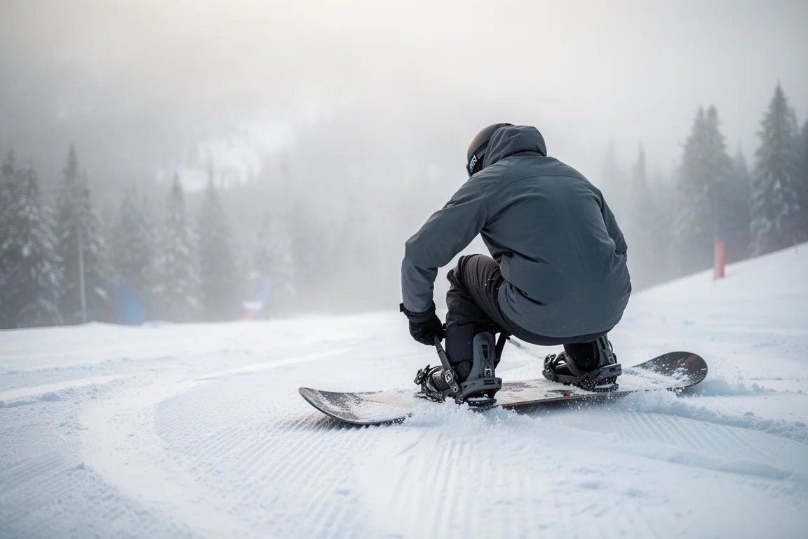 Snowboarder strapping into a binding on a snowy slope with soft morning light