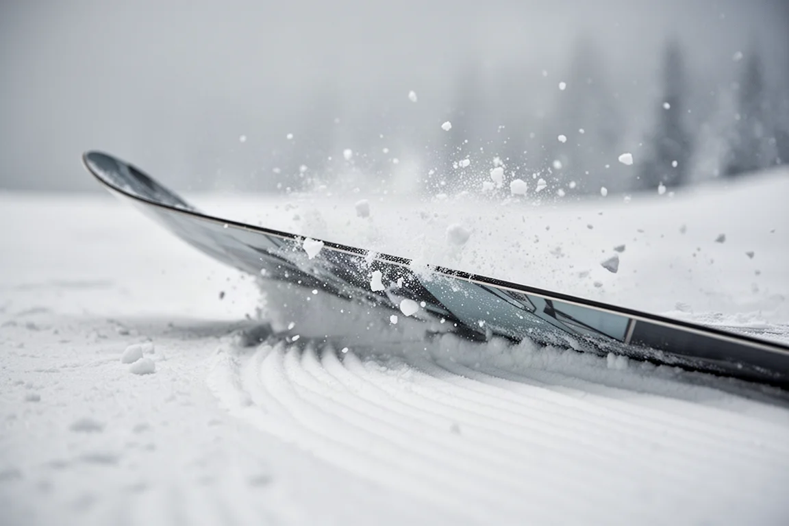 Close-up of a snowboard edge carving into groomed snow at speed