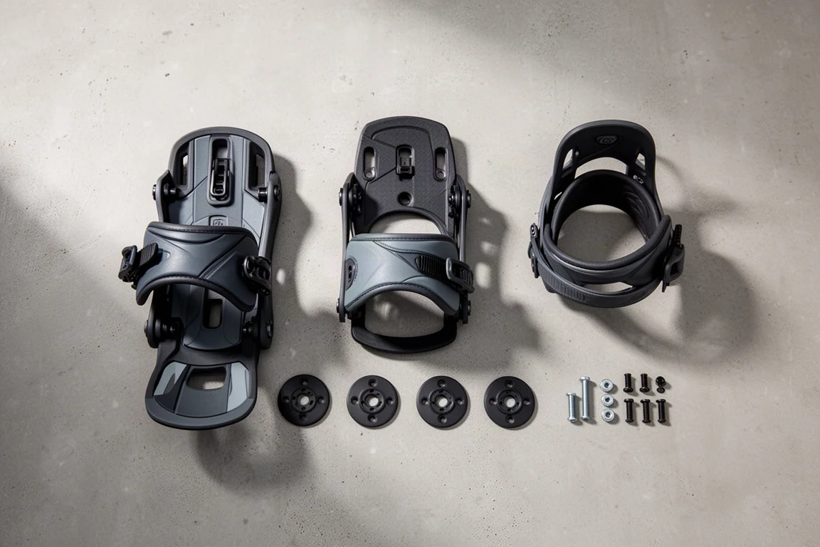 Overhead flat lay of snowboard binding hardware on a concrete surface