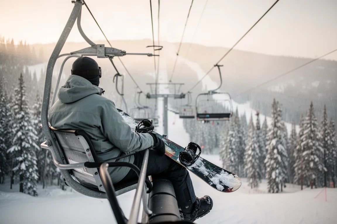 Rider on a chairlift looking down at a snow-covered mountain slope