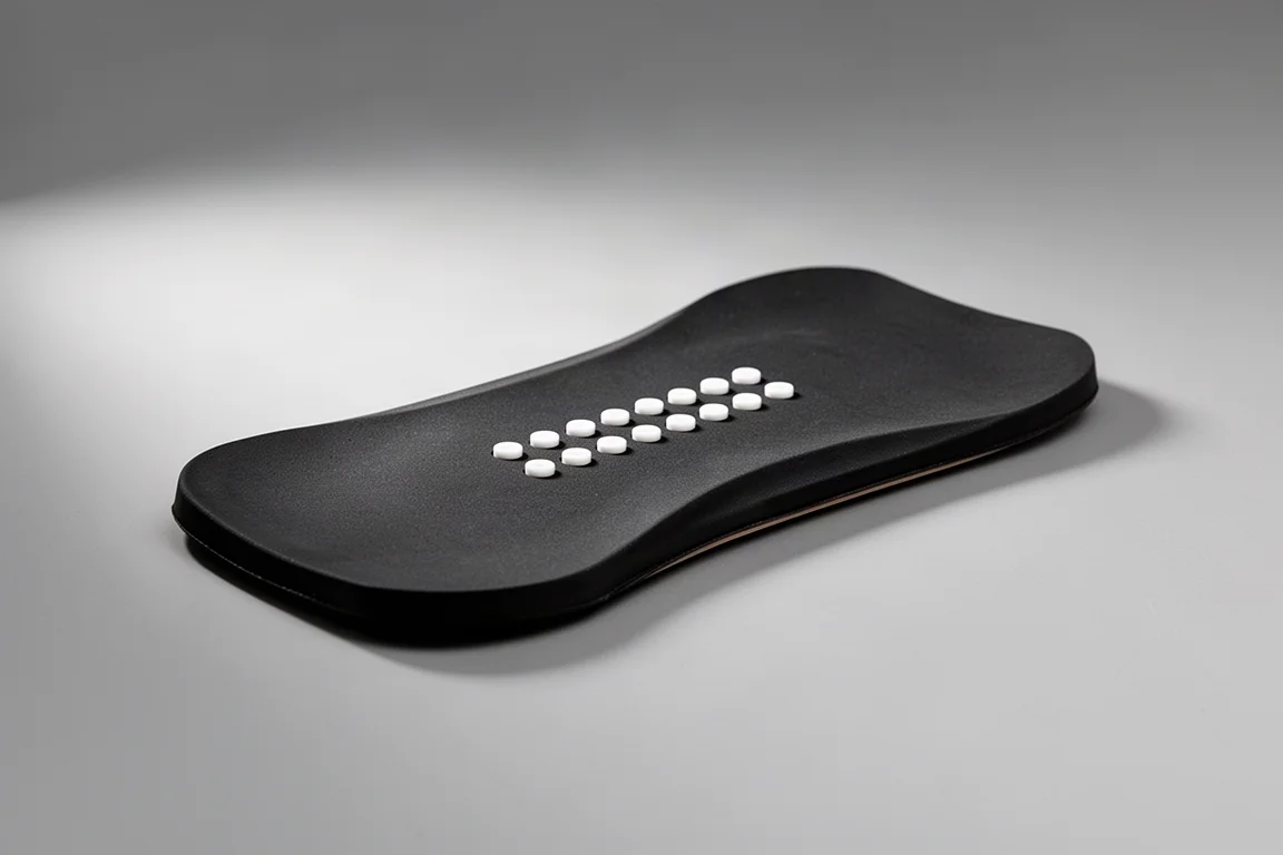 Black snowboard binding footpad with a row of small raised white posts on a grey backdrop