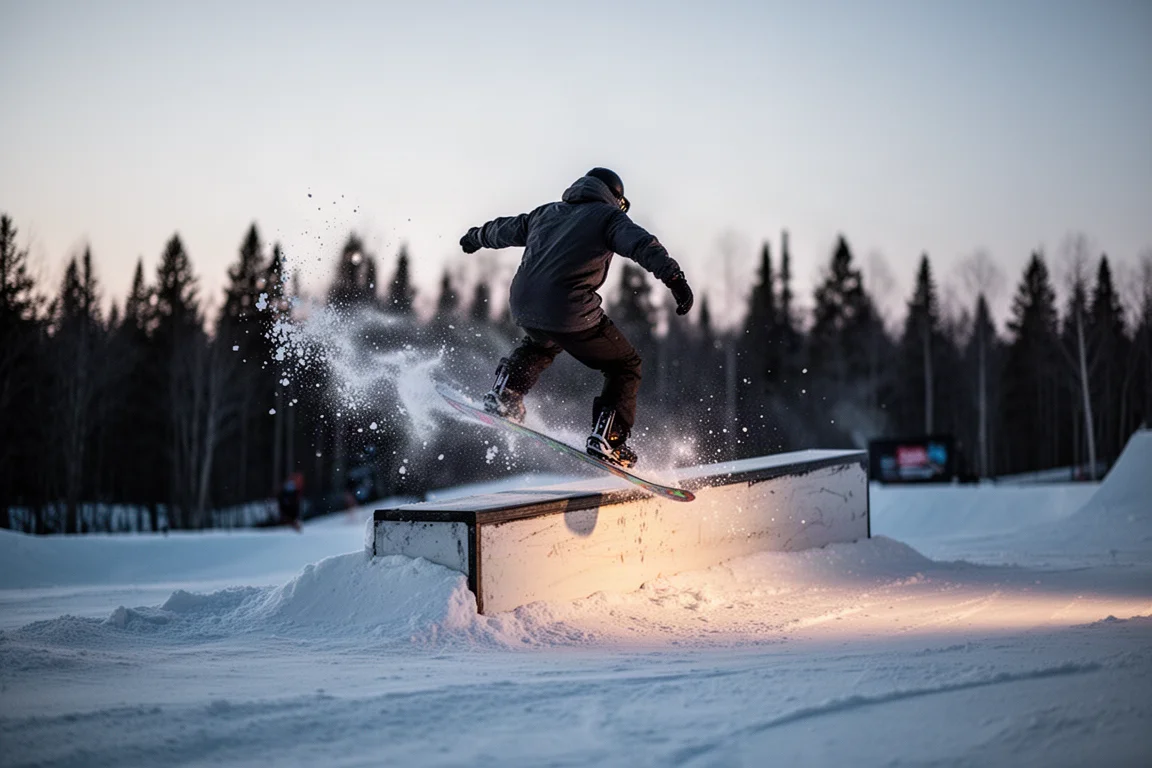 Snowboarder fährt in der Dämmerung über ein kleines Park-Jib-Feature, während Schnee vom Board spritzt