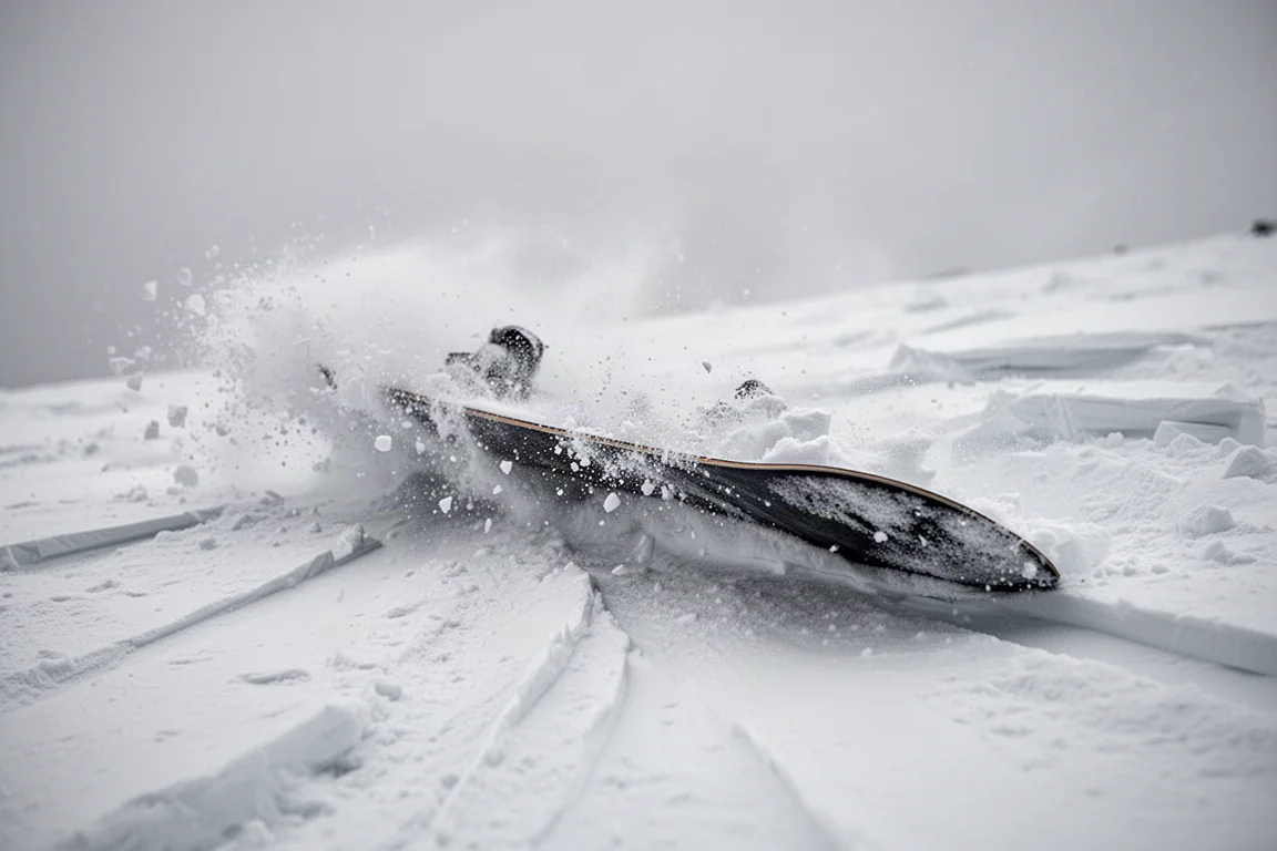 Snowboardkante schneidet durch aufgewühlten, gespurten Schnee, die Gischt schwingt seitlich weg