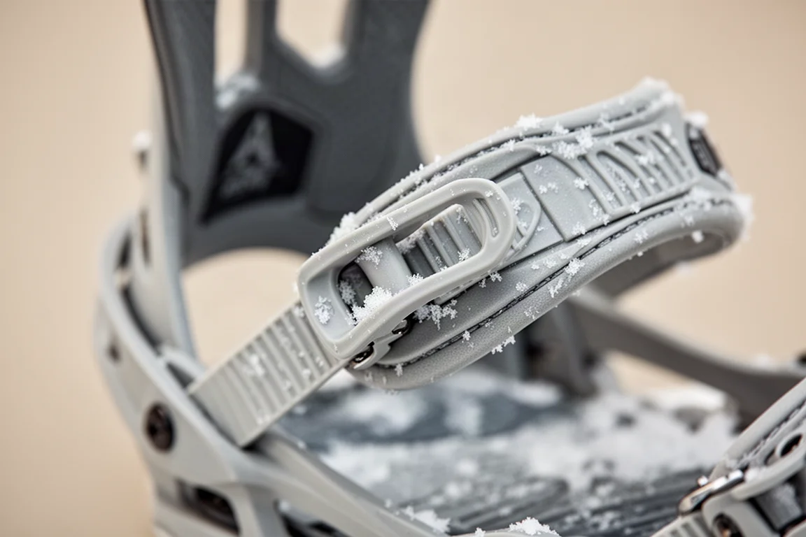 Makroaufnahme eines Ratschenhebels und Ladder-Straps einer Bindung mit Schneekristallen