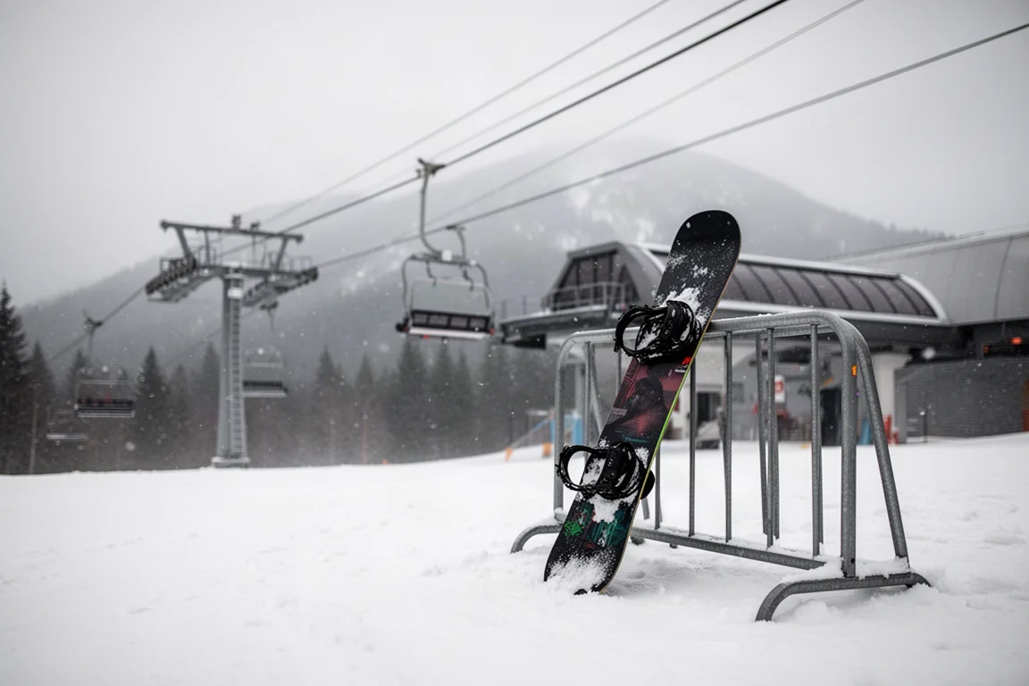 Snowboard lehnt an einem Gestell neben einem Skilift an einem bewölkten, windigen Morgen