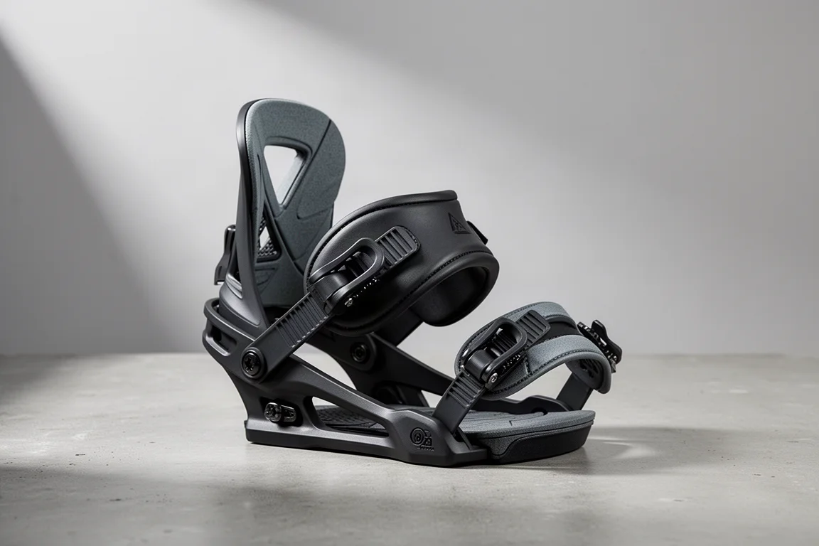 Snowboard binding with matte black baseplate and minimal straps on a concrete surface