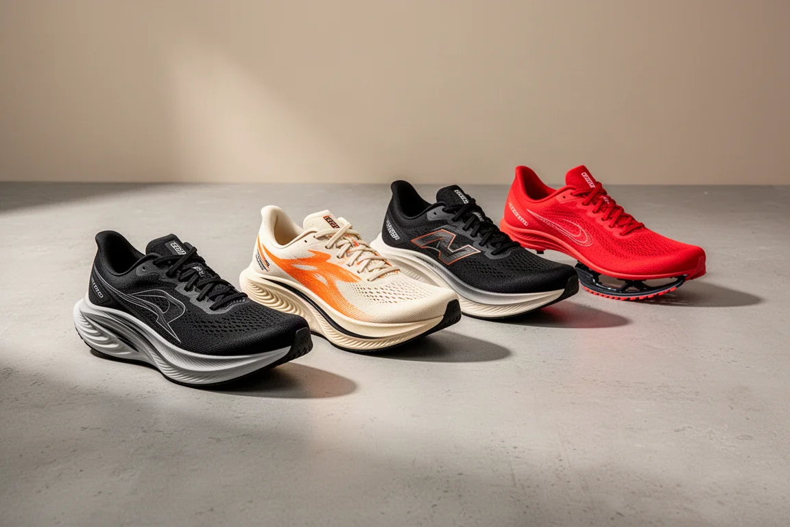 Five Salomon road running shoes arranged in a row on a grey concrete surface