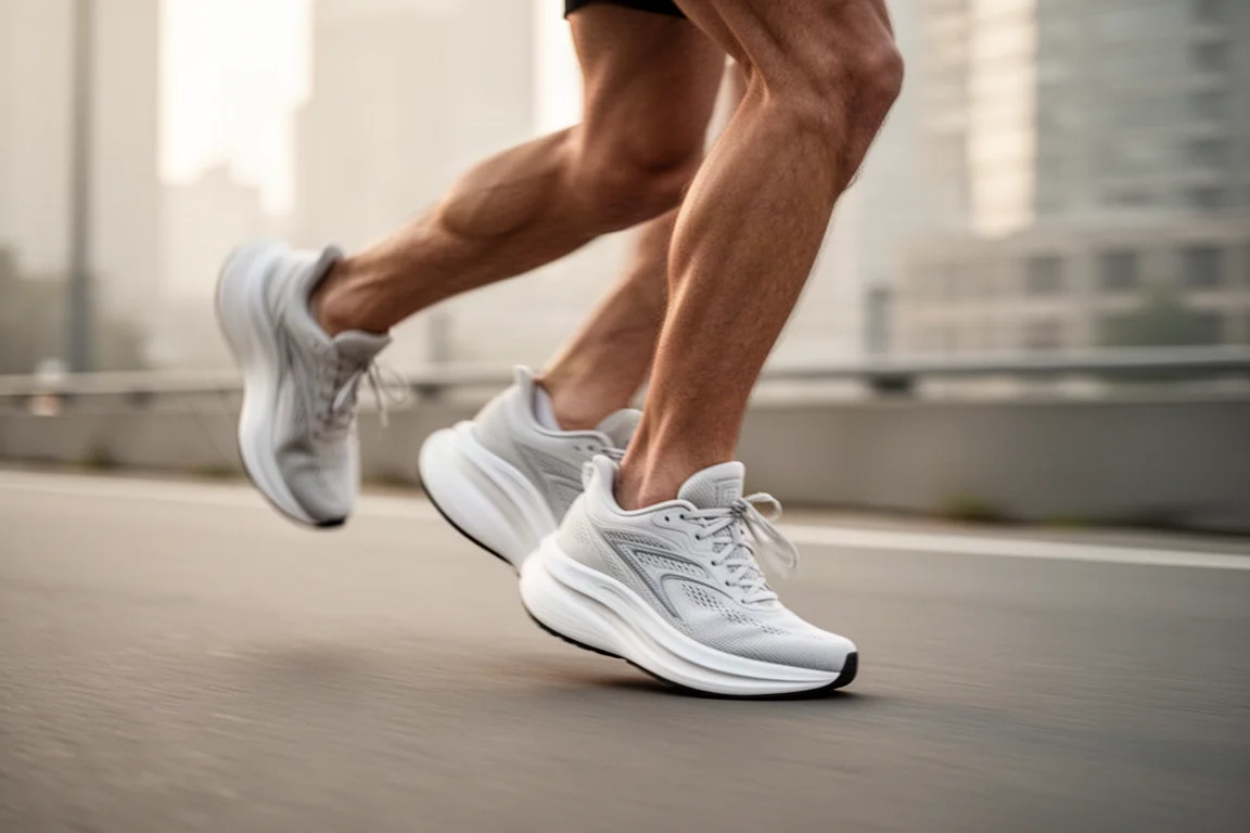 Runner walking in cushioned road running shoes on a smooth city path
