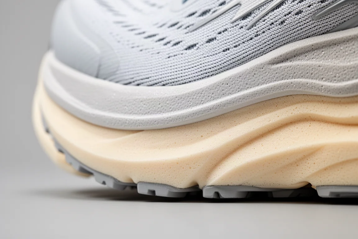 Close-up of a stability running shoe midsole showing denser guidance foam