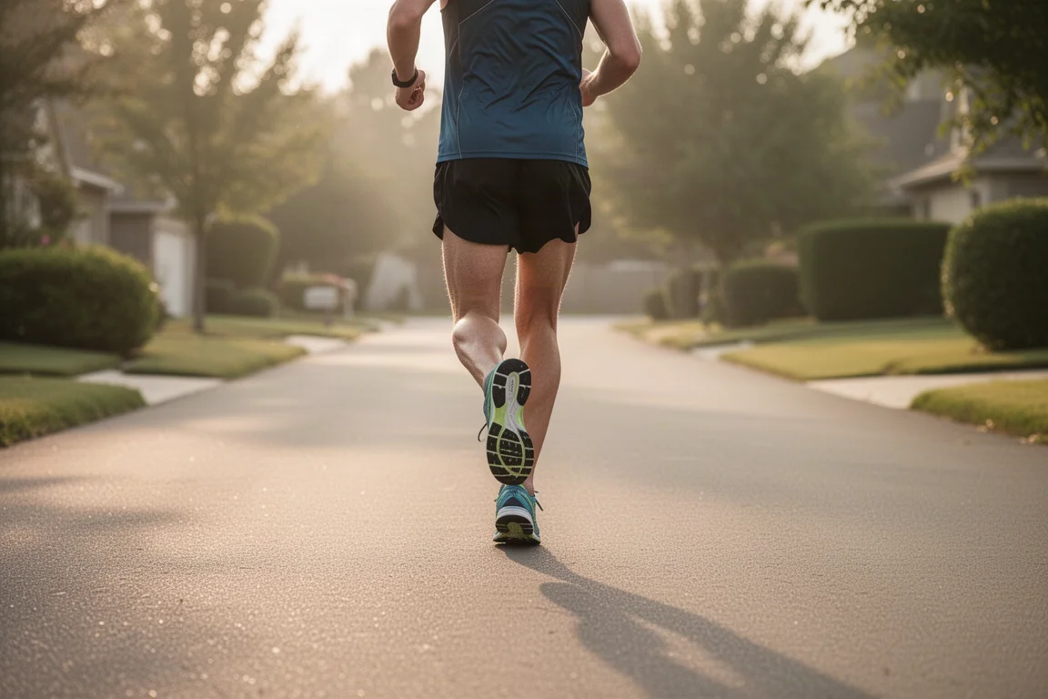 Runner maintaining steady pace on a paved suburban road