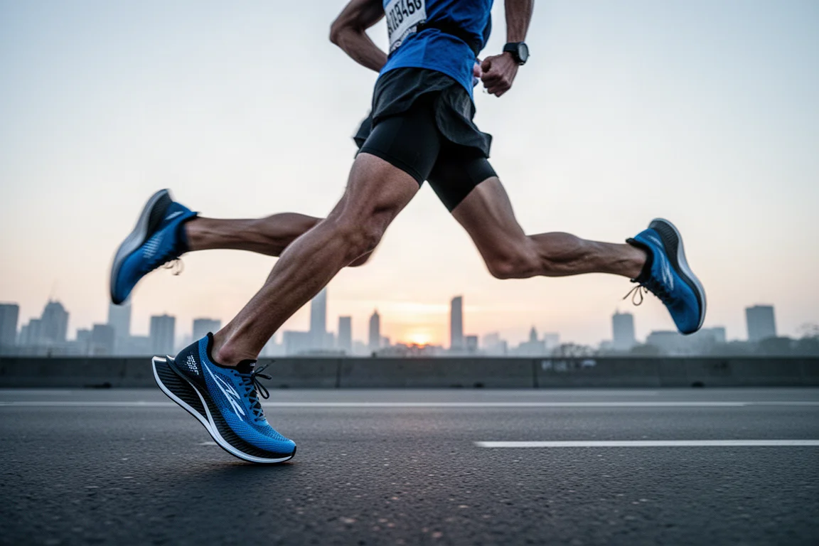 Marathon runner on an open city road in racing shoes at dawn