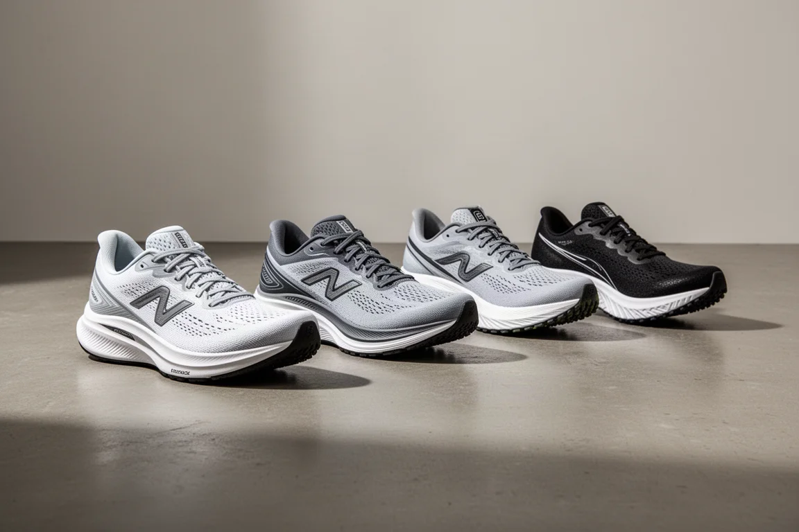 Five Salomon road running shoes lined up on a grey studio floor