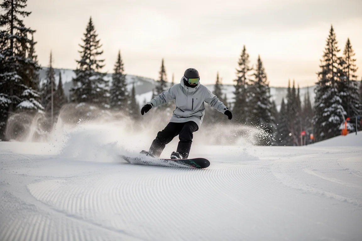 Snowboarder zieht einen langen Schwung über frisch präparierten Hartschneepiste in einem Skigebiet