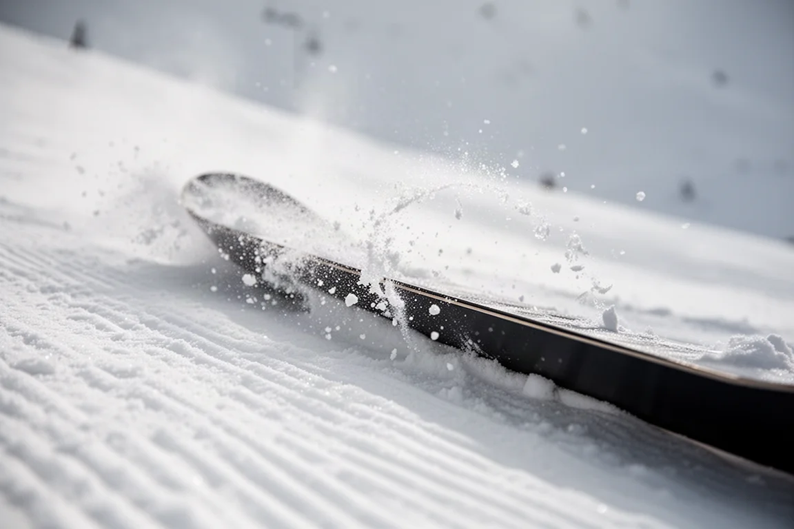 Nahaufnahme einer Snowboardkante, die sich in festen Präparierschnee gräbt, während Eiskristalle aufspritzen