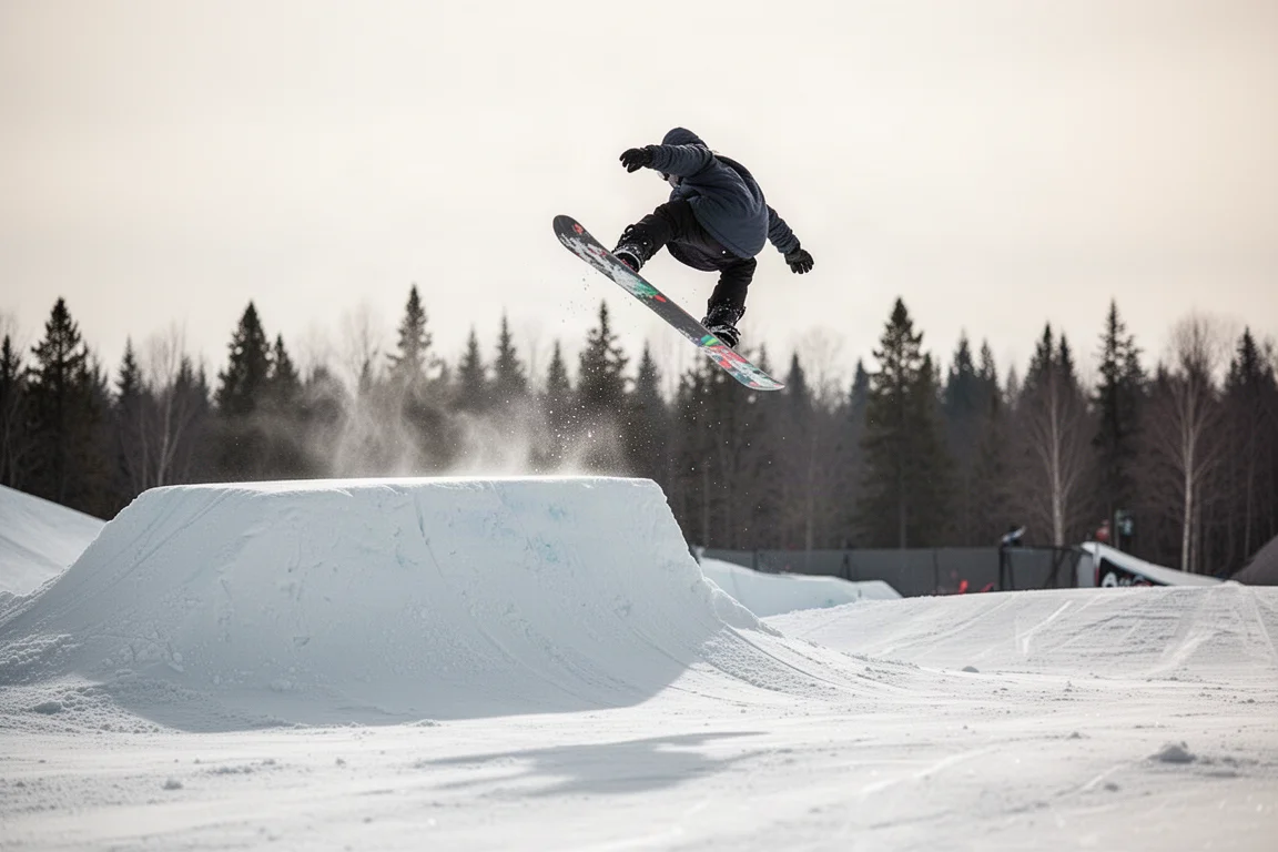 Snowboarder springt von einem Snow-Kicker im Terrainpark bei hellem, bedecktem Licht