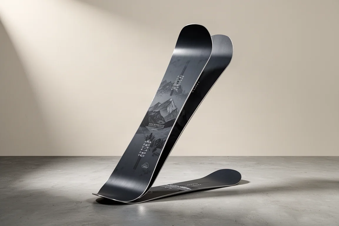 Echtes Twin All-Mountain-Snowboard, aufrecht stehend auf einer matten Betonoberfläche