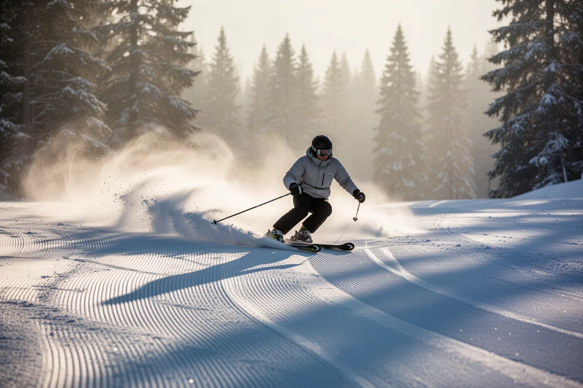 Skifahrer zieht eine enge Kurve auf einer frisch präparierten Piste im frühen Morgenlicht