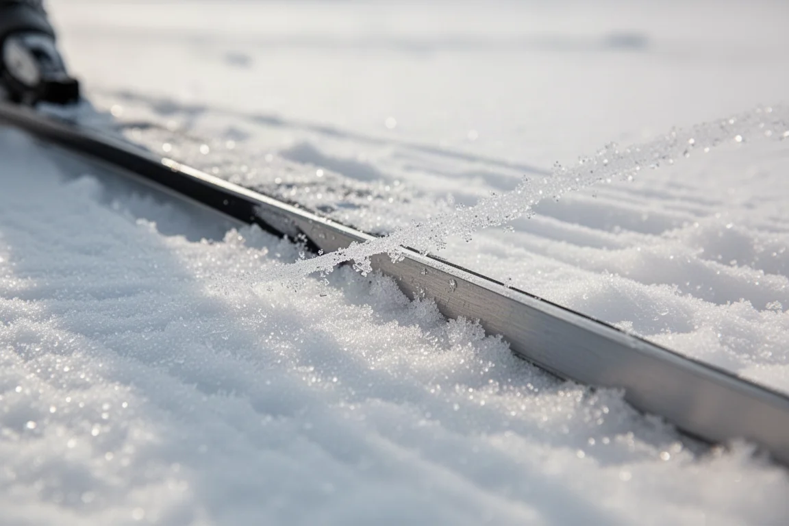 Nahaufnahme einer Skikante, die bei tiefem Sonnenlicht in festen, eisigen präparierten Schnee schneidet