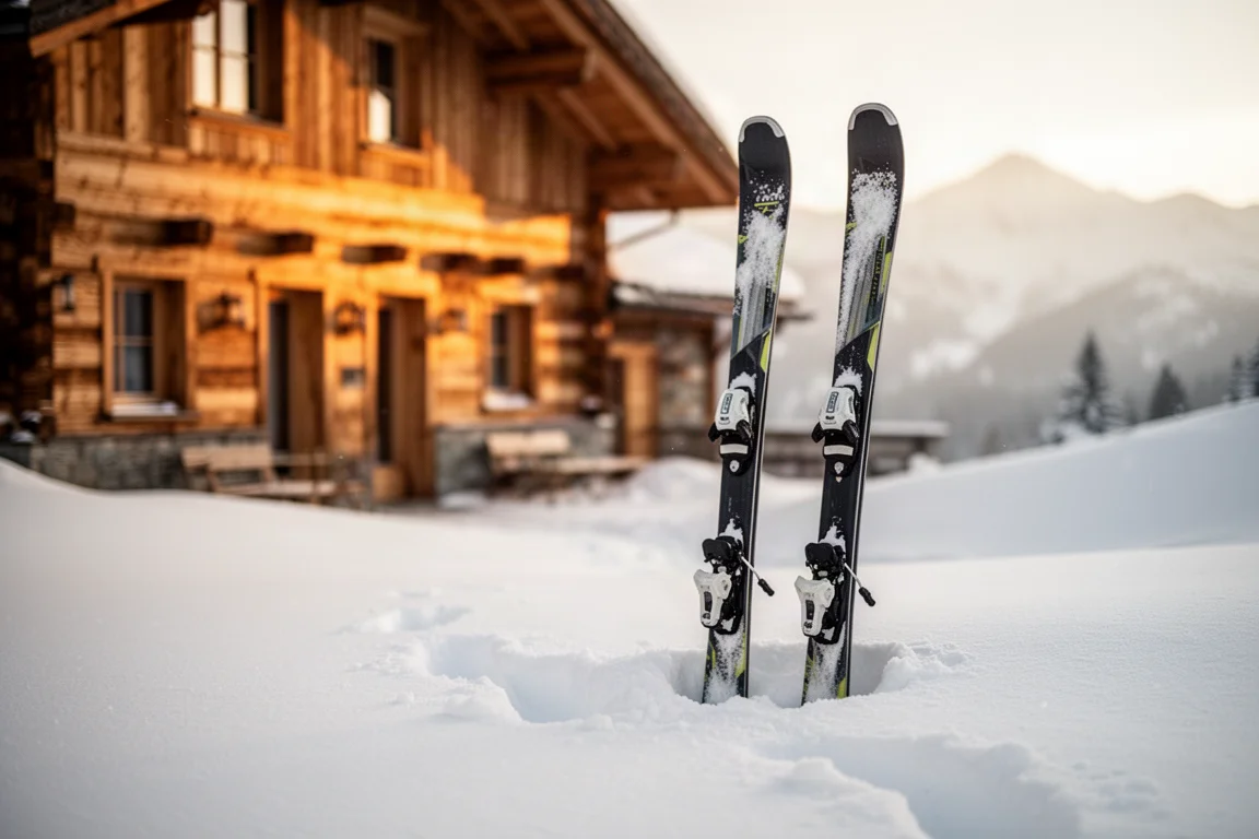 Paar Frontside-Skis steckt in einem Schneehaufen vor einer Berghütte zur goldenen Stunde