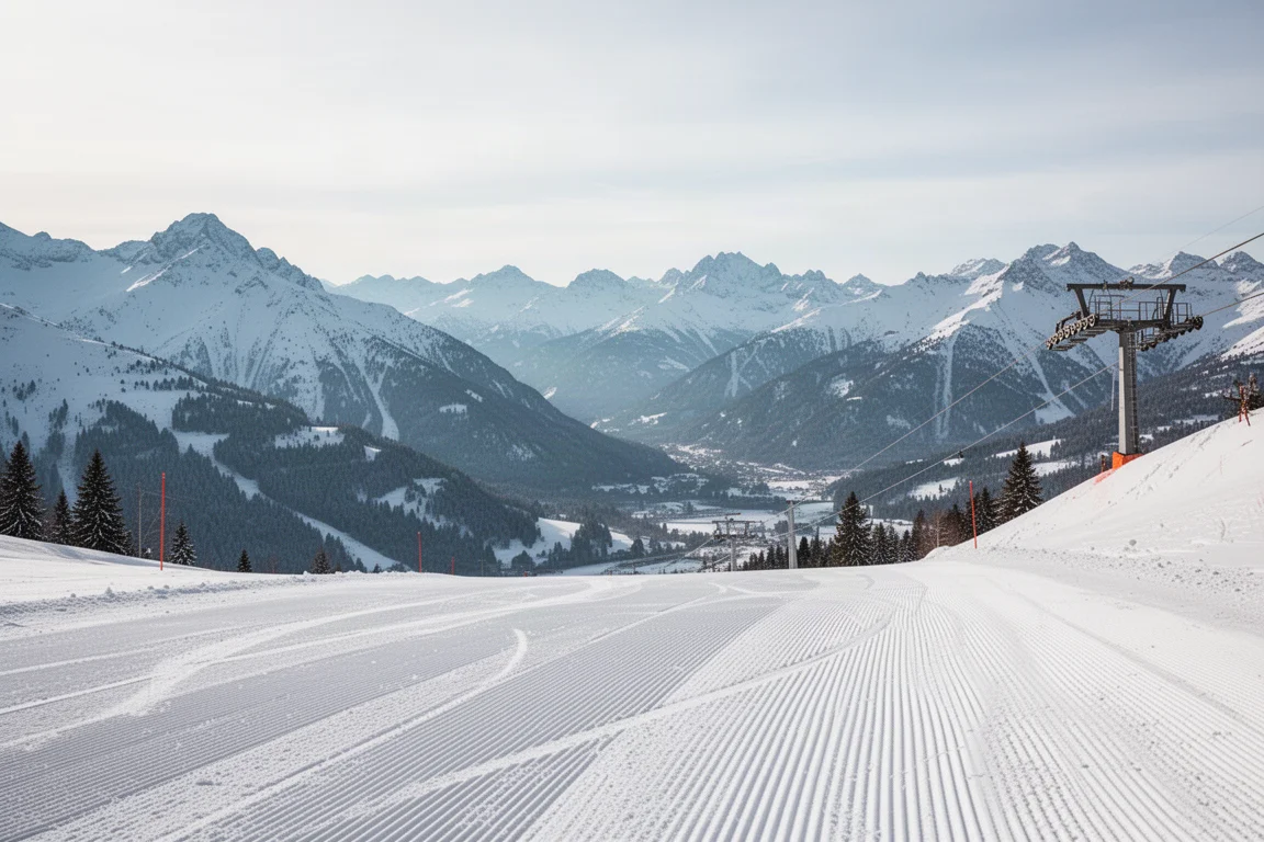 Präparierte Skipiste führt unter klarem Mittagshimmel in ein Bergtal hinab