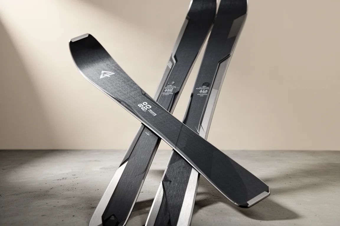 Paar 80-mm-Frontside-Alpinski mit dunklem Deck und silbernen Kanten auf Beton