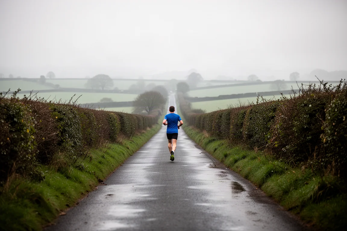 Coureur sur des chemins de campagne calmes lors d'une course longue distance par un matin gris