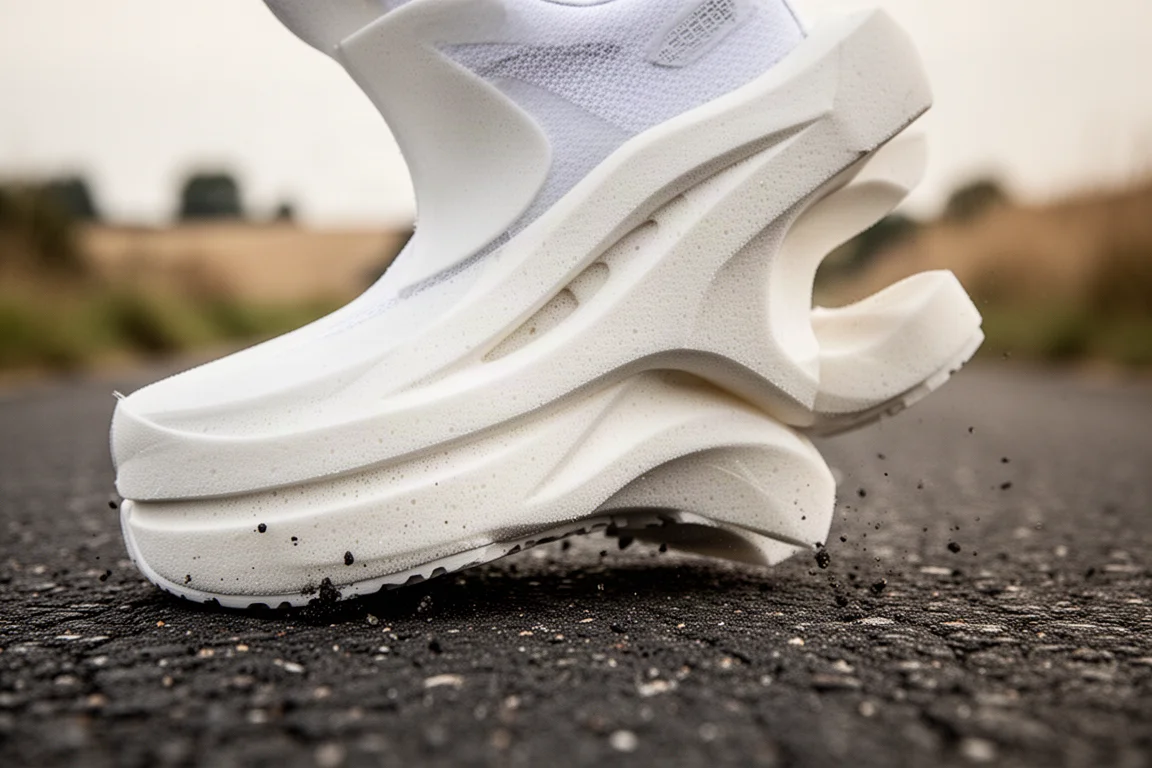Gros plan sur la mousse de semelle intermédiaire d'une chaussure de running touchant la route