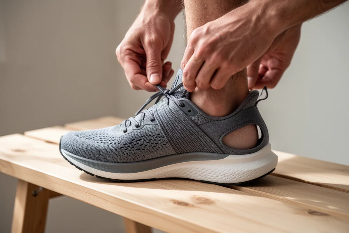 Doigts tirant sur les lacets d'une chaussure de running à la tige enveloppante ajustée