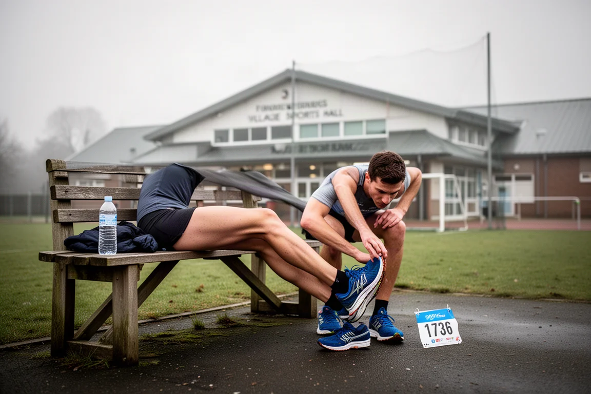 Coureur étirant ses mollets sur un banc après une longue course matinale