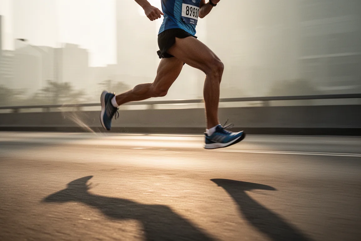 Podista che corre su una strada urbana nelle prime ore del mattino