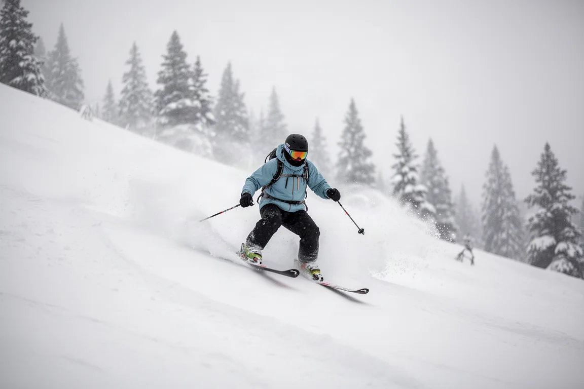 Skier floating through deep powder snow with a wide freeride ski