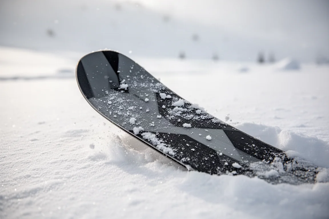 Close-up of a wide ski tip lifting out of deep powder snow
