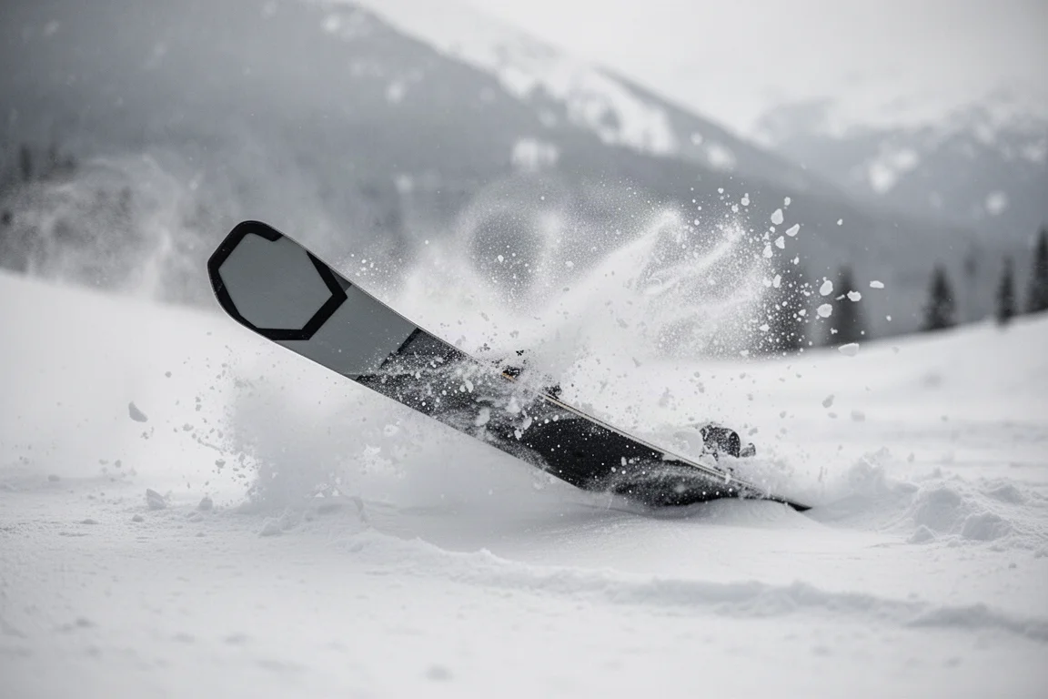 Ski tail releasing through chopped soft snow and spraying powder
