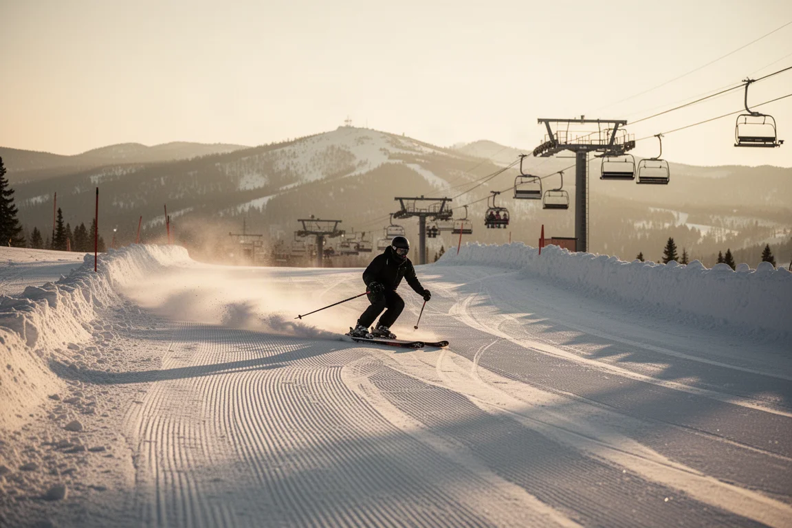 Skier carving a groomed trail back to the lift at golden hour