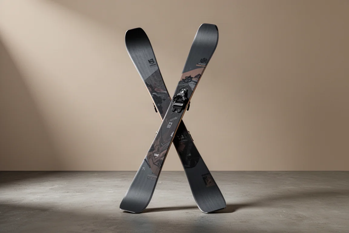 Pair of wide freeride skis with pronounced rocker standing on a matte concrete surface