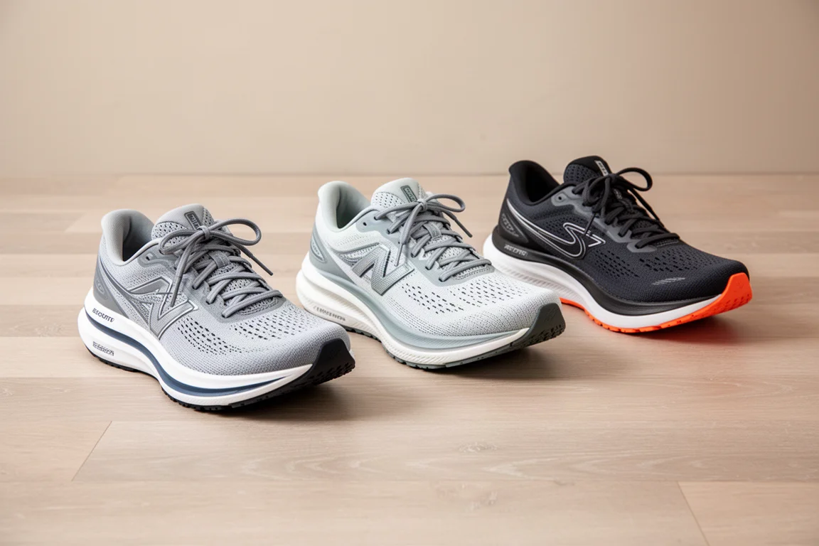 木製の床に並べられた3足のランニングシューズ