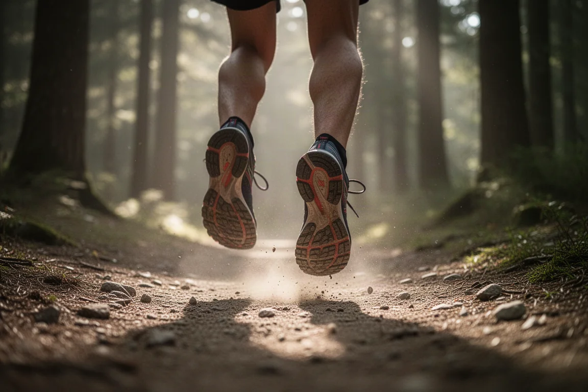 Trail runner's feet crossing a forest path on soft dirt in morning light