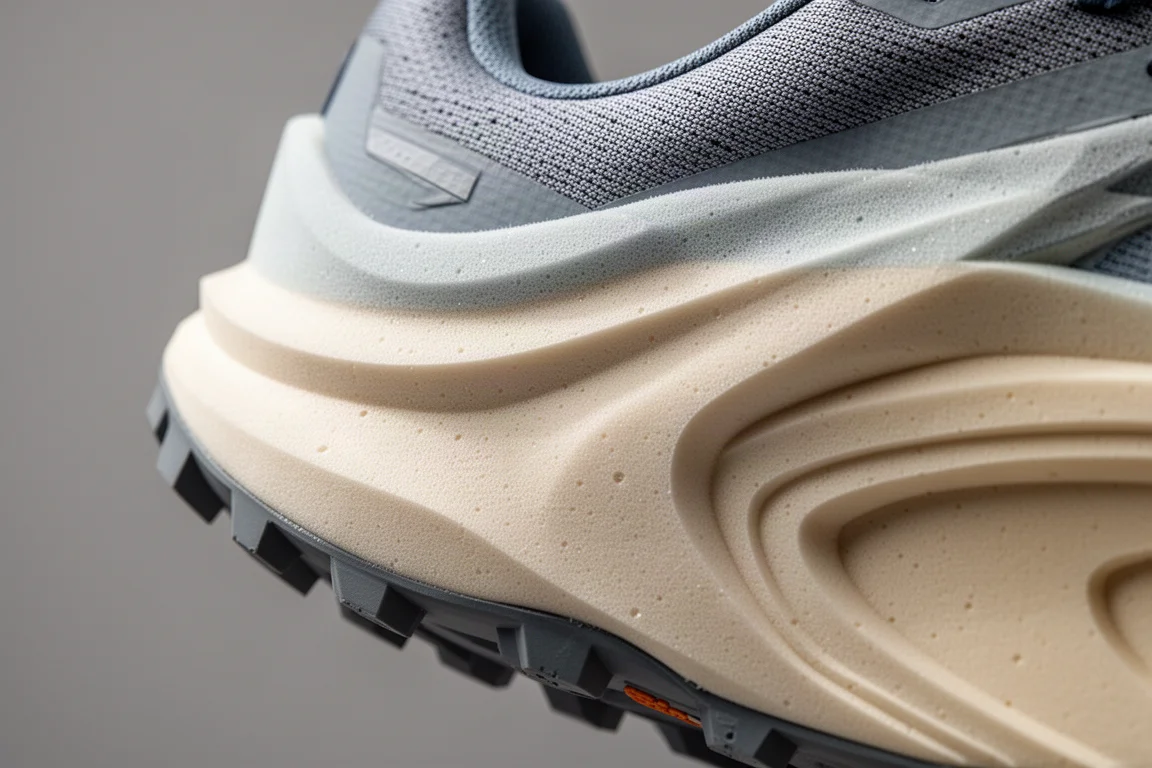 Close-up of a thick cushioned trail shoe midsole showing layered foam