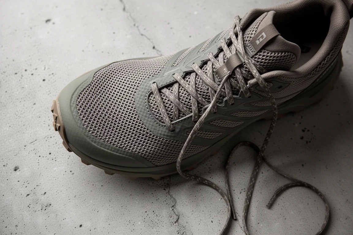 Upper of a trail running shoe photographed from above showing breathability and stitching