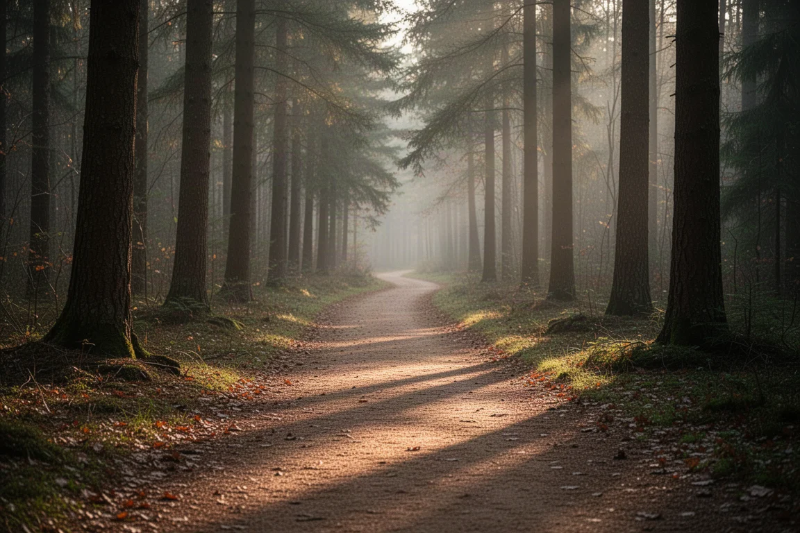 Empty forest trail winding through trees with soft evening light