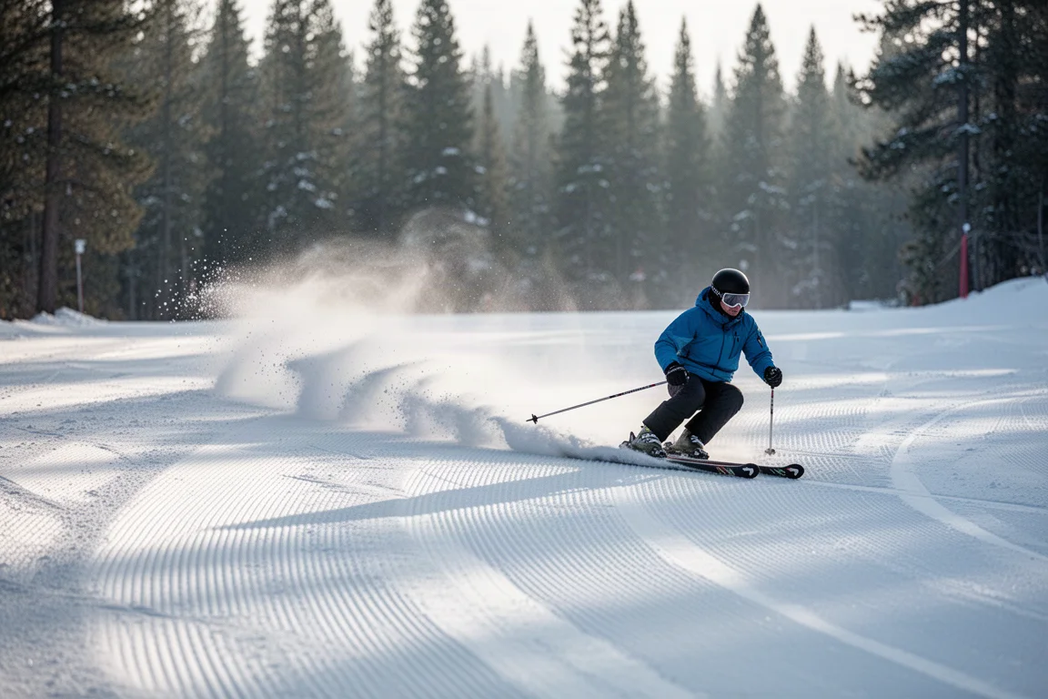 Skieur effectuant un virage appuyé sur une pente fraîchement damée, avec une lisière de pins en arrière-plan