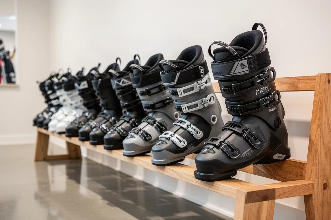 Rangée de chaussures de ski sans marque disposées sur un rack en bois dans une boutique de ski lumineuse