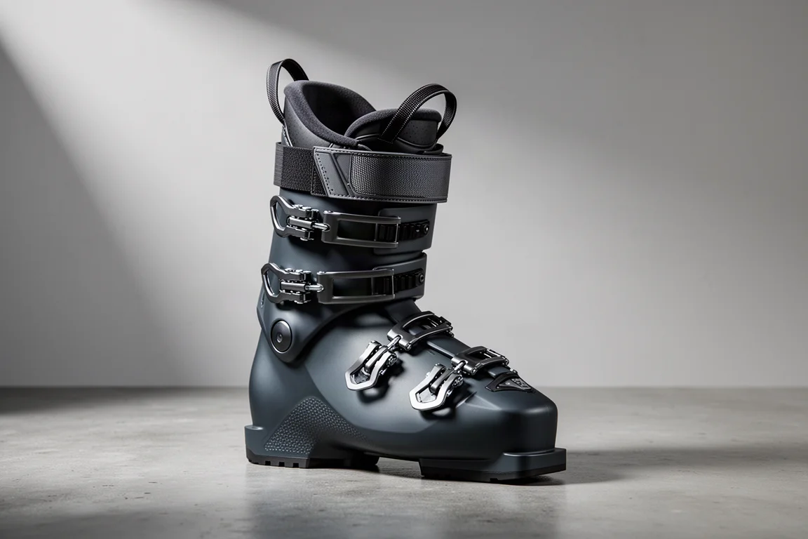 Chaussure de ski alpin à faible volume avec quatre crochets, posée sur une surface de béton mat