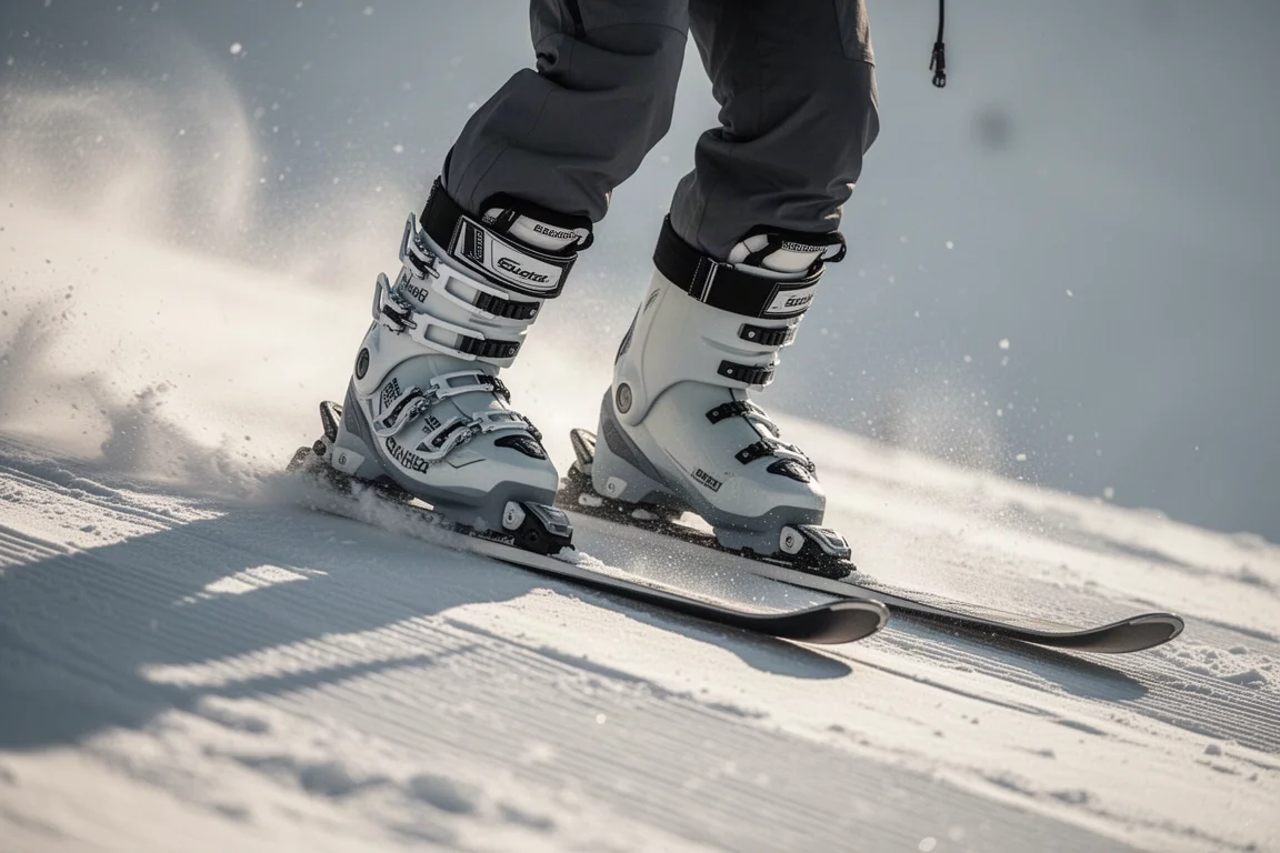 Botas de esquí alpino flexionando hacia delante en una pista preparada empinada con nieve en suspensión